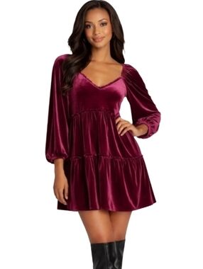 Betsey Johnson Velvet Tiered Babydoll Dress In Burgundy